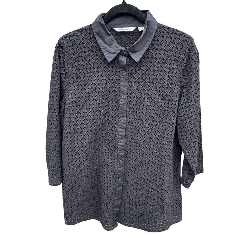 Isaac Mizrahi Black Eyelet Embroidered Sheer Boho Button-Up Long Sleeve Shirt L