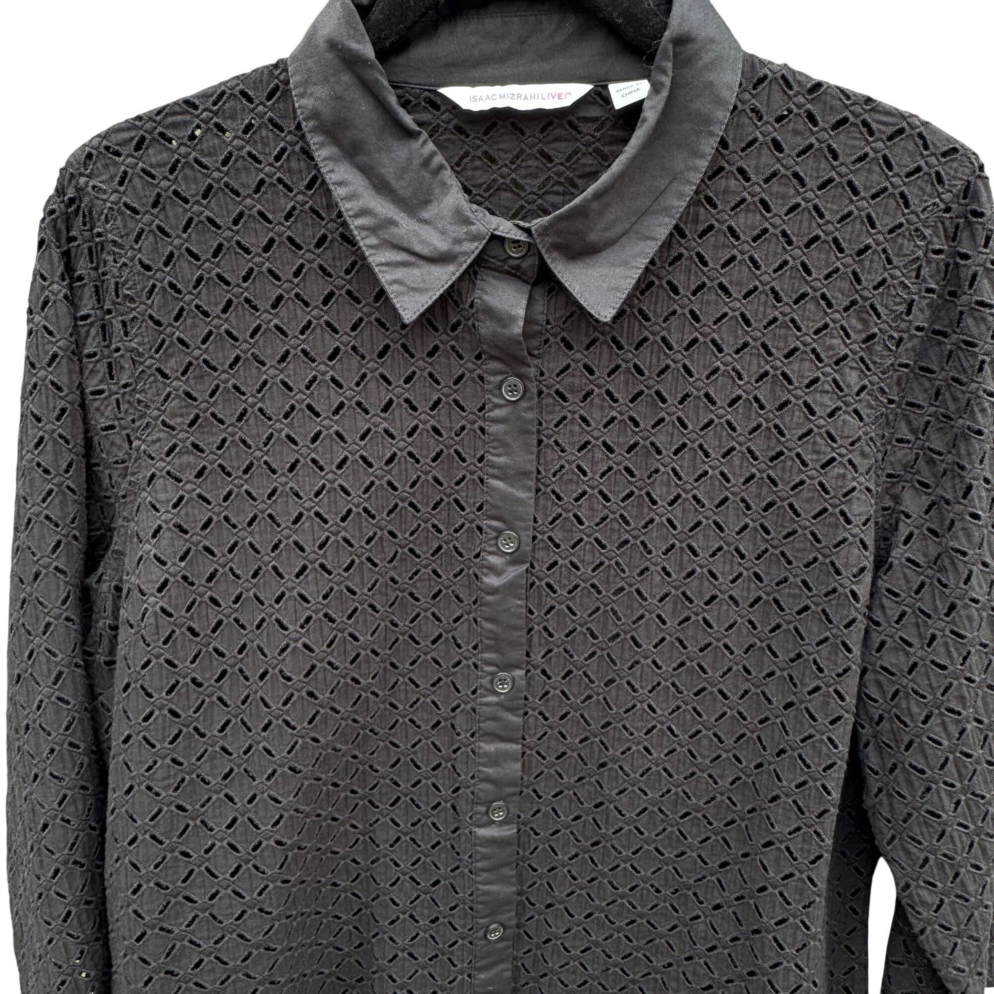 Isaac Mizrahi Black Eyelet Embroidered Sheer Boho Button-Up Long Sleeve Shirt L