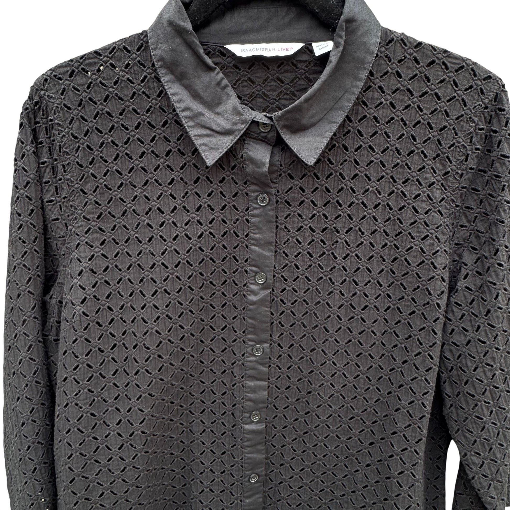 Isaac Mizrahi Black Eyelet Embroidered Sheer Boho Button-Up Long Sleeve Shirt L
