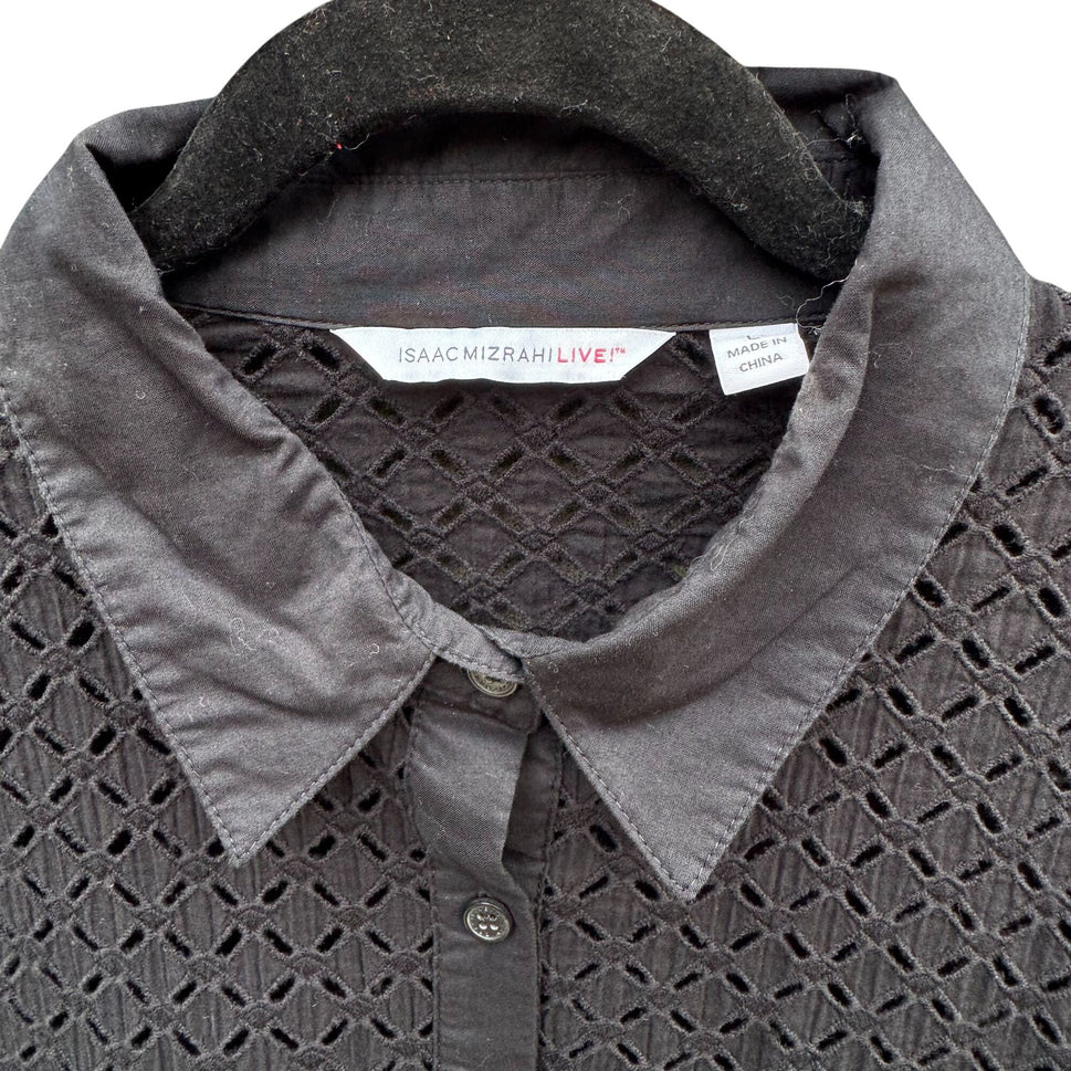 Isaac Mizrahi Black Eyelet Embroidered Sheer Boho Button-Up Long Sleeve Shirt L