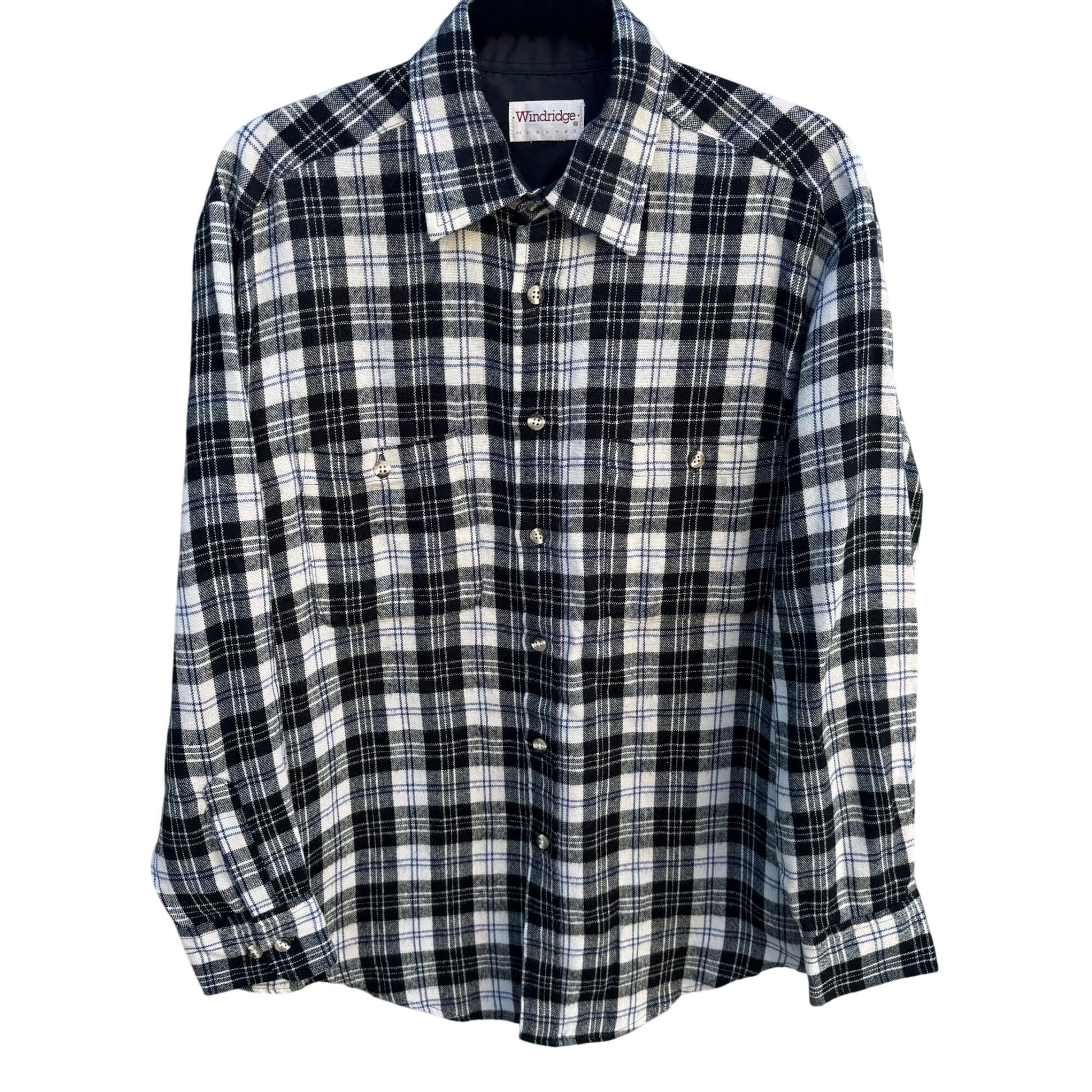 Windridge Mervyns Vintage Plaid Grunge Retro Mens Black White Flannel Shirt M