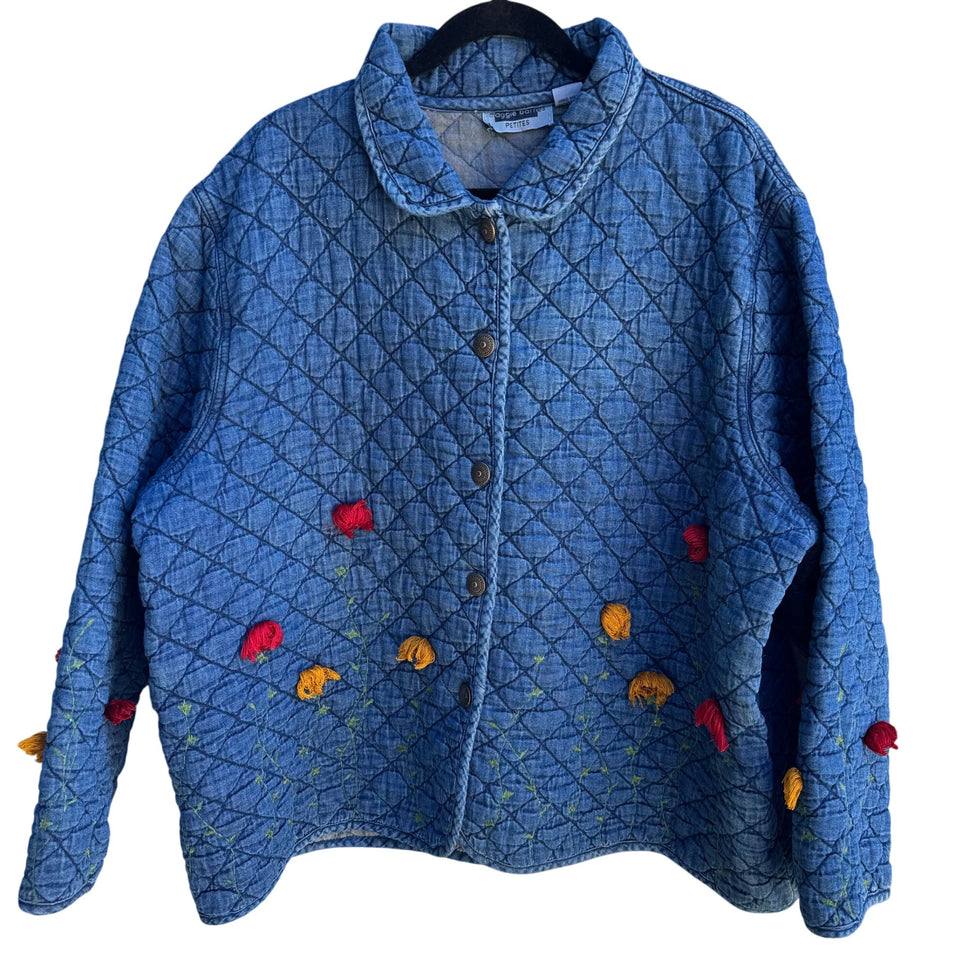 Maggie Barnes Petites Vintage Womens Floral Embroidery Quilted Denim Jacket 26WP