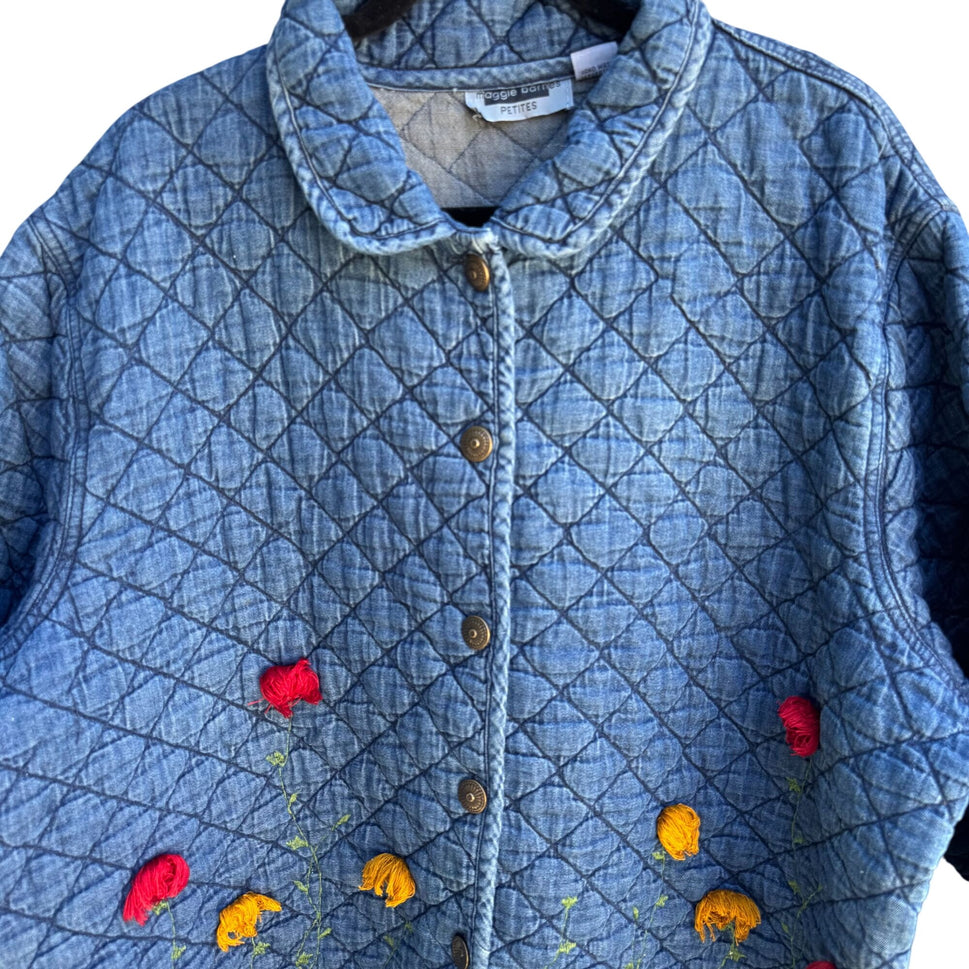 Maggie Barnes Petites Vintage Womens Floral Embroidery Quilted Denim Jacket 26WP