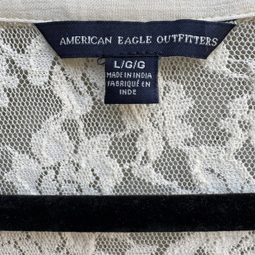 American Eagle Boho Cottagecore Fairycore Lace Mesh Sheer Peasant Blouse Cream L