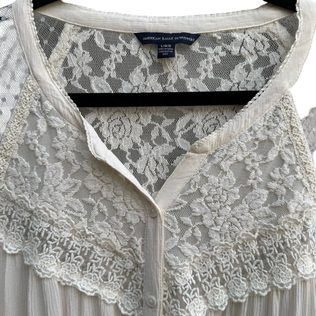 American Eagle Boho Cottagecore Fairycore Lace Mesh Sheer Peasant Blouse Cream L