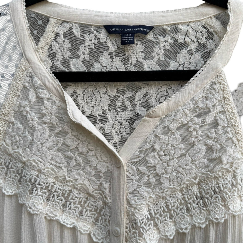 American Eagle Boho Cottagecore Fairycore Lace Mesh Sheer Peasant Blouse Cream L