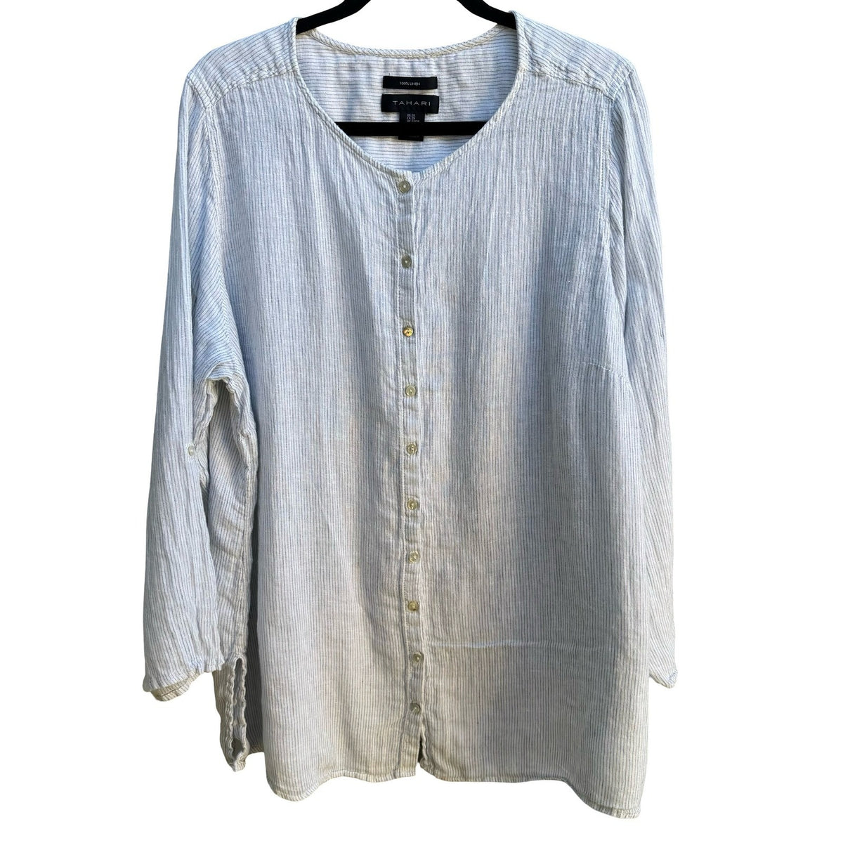 Tahari Coastal Lagenlook Striped Linen Nautical Roll Tab Tunic Top Blue Women 2X