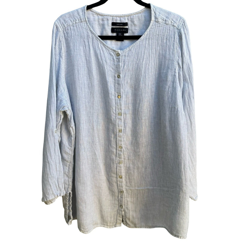 Tahari Coastal Lagenlook Striped Linen Nautical Roll Tab Tunic Top Blue Women 2X