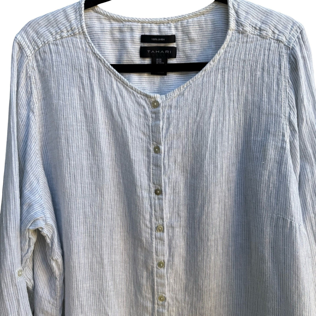 Tahari Coastal Lagenlook Striped Linen Nautical Roll Tab Tunic Top Blue Women 2X