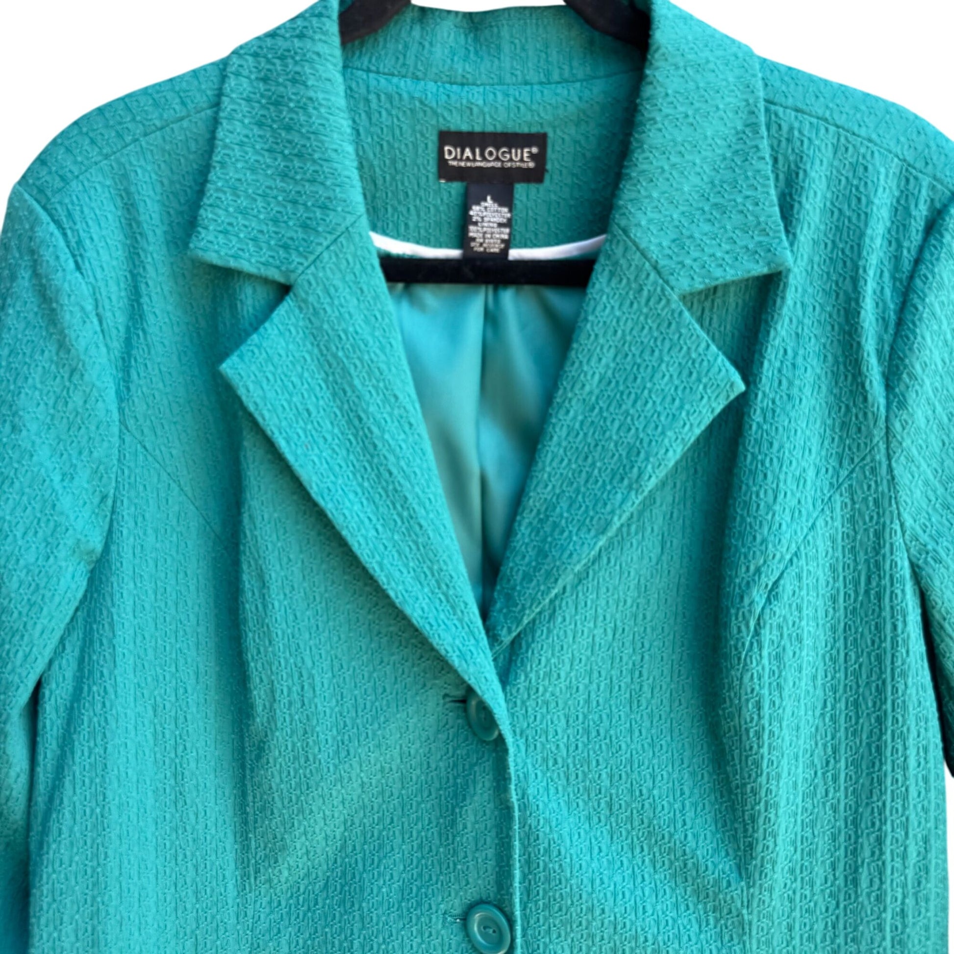 Dialogue Womens Teal Textured Stretch Adjustable Belt Button-Up Blazer Jacket L
