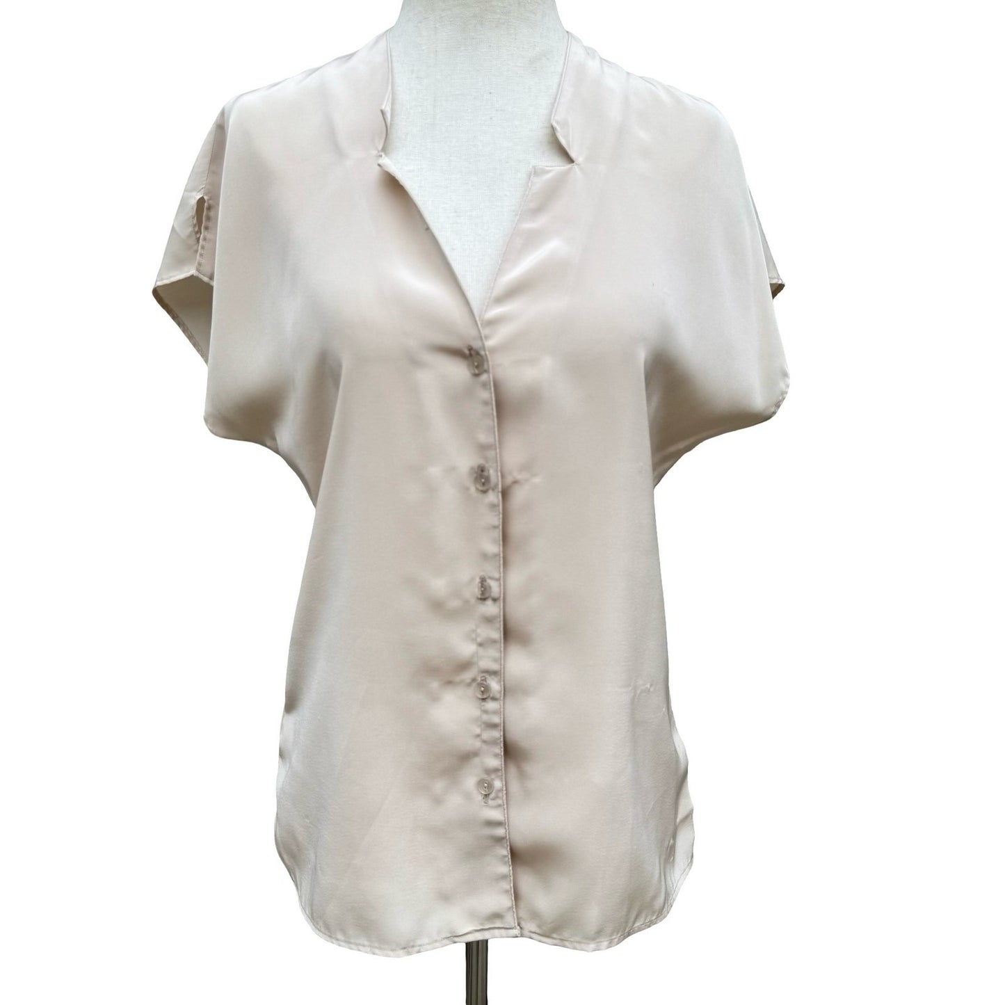Espresso Vintage 90s Champagne Beige Satin Button Up Blouse Notched Neck Size 6