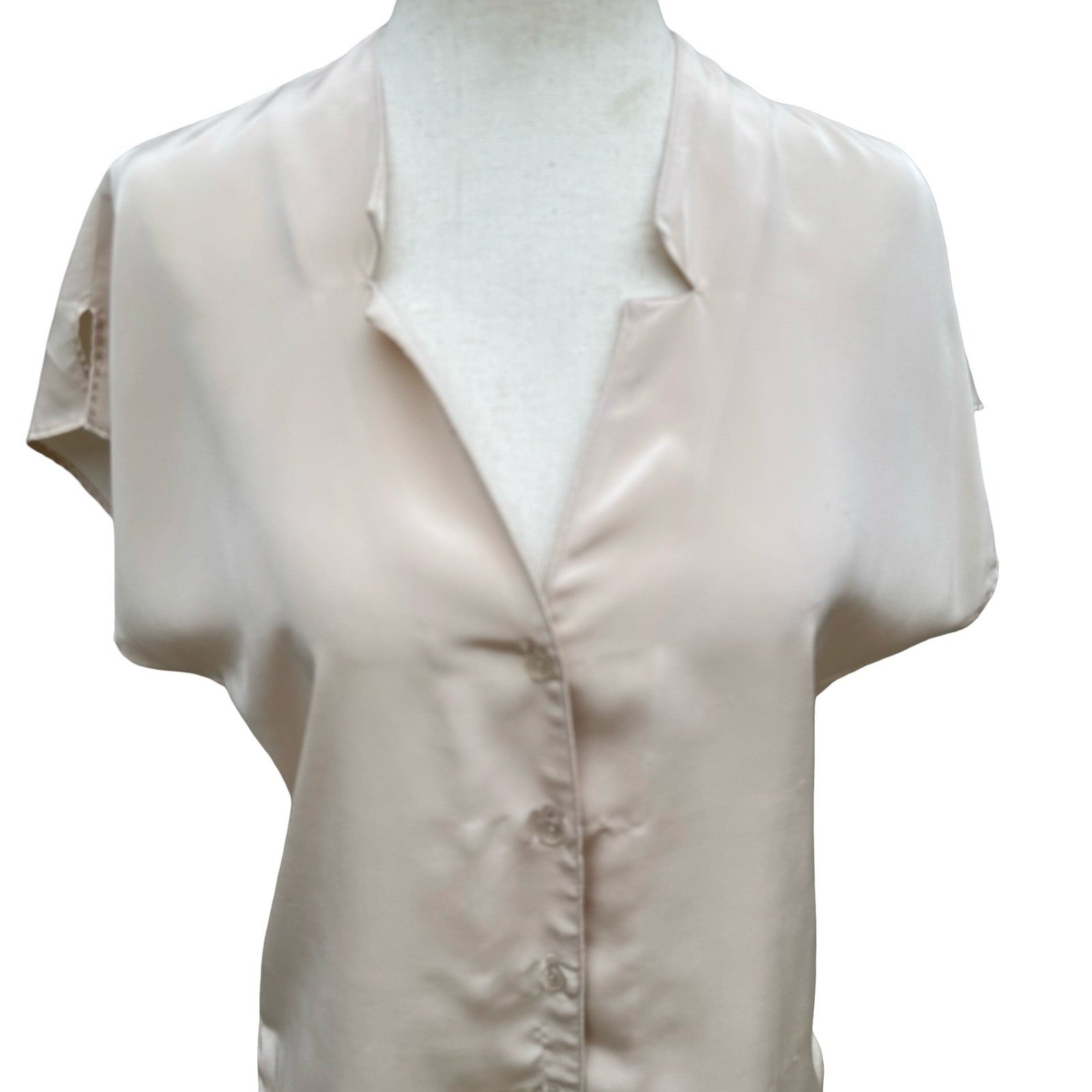 Espresso Vintage 90s Champagne Beige Satin Button Up Blouse Notched Neck Size 6