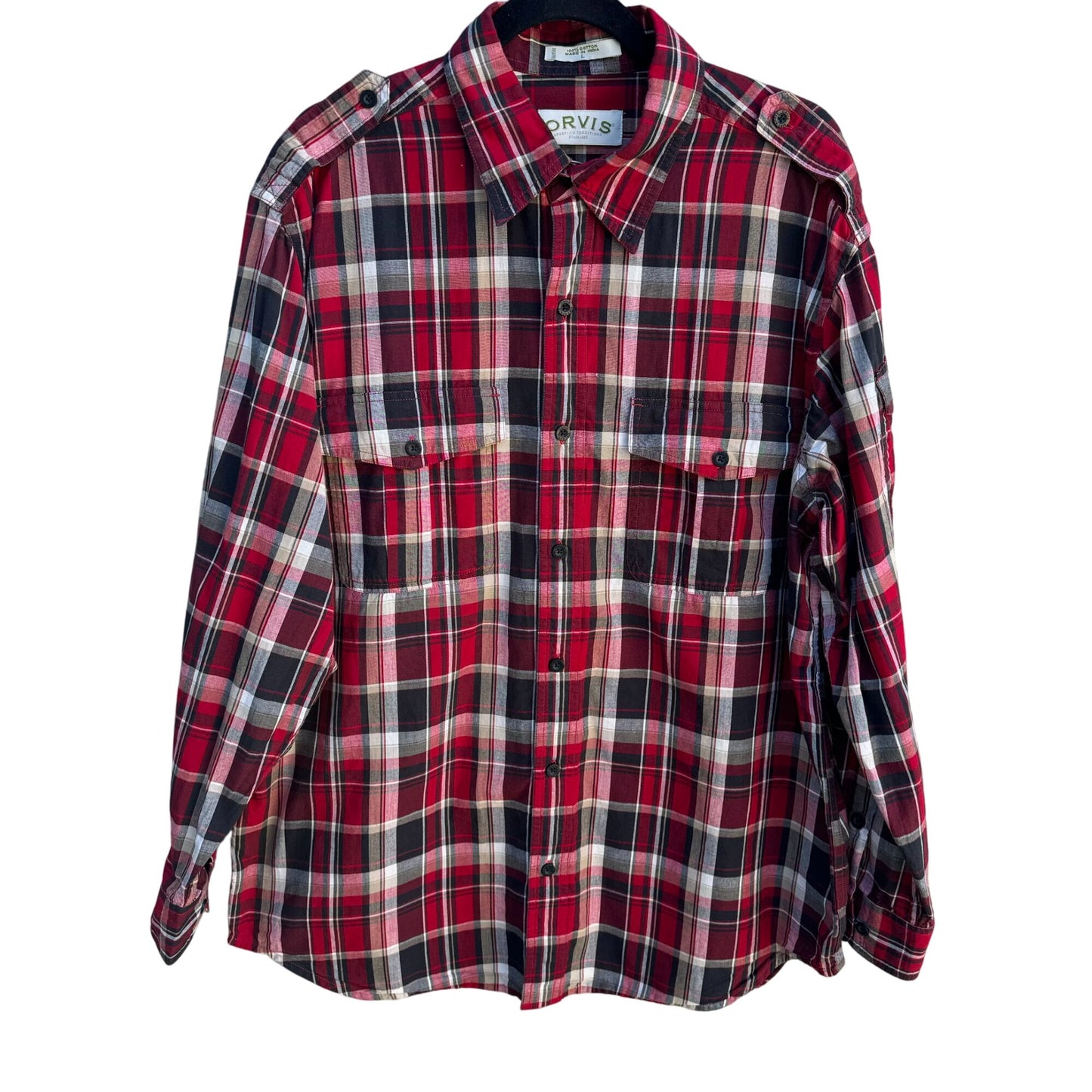 Orvis Mens Red Black Plaid Long Sleeve Epaulets Button Up Outdoor Grunge Shirt L