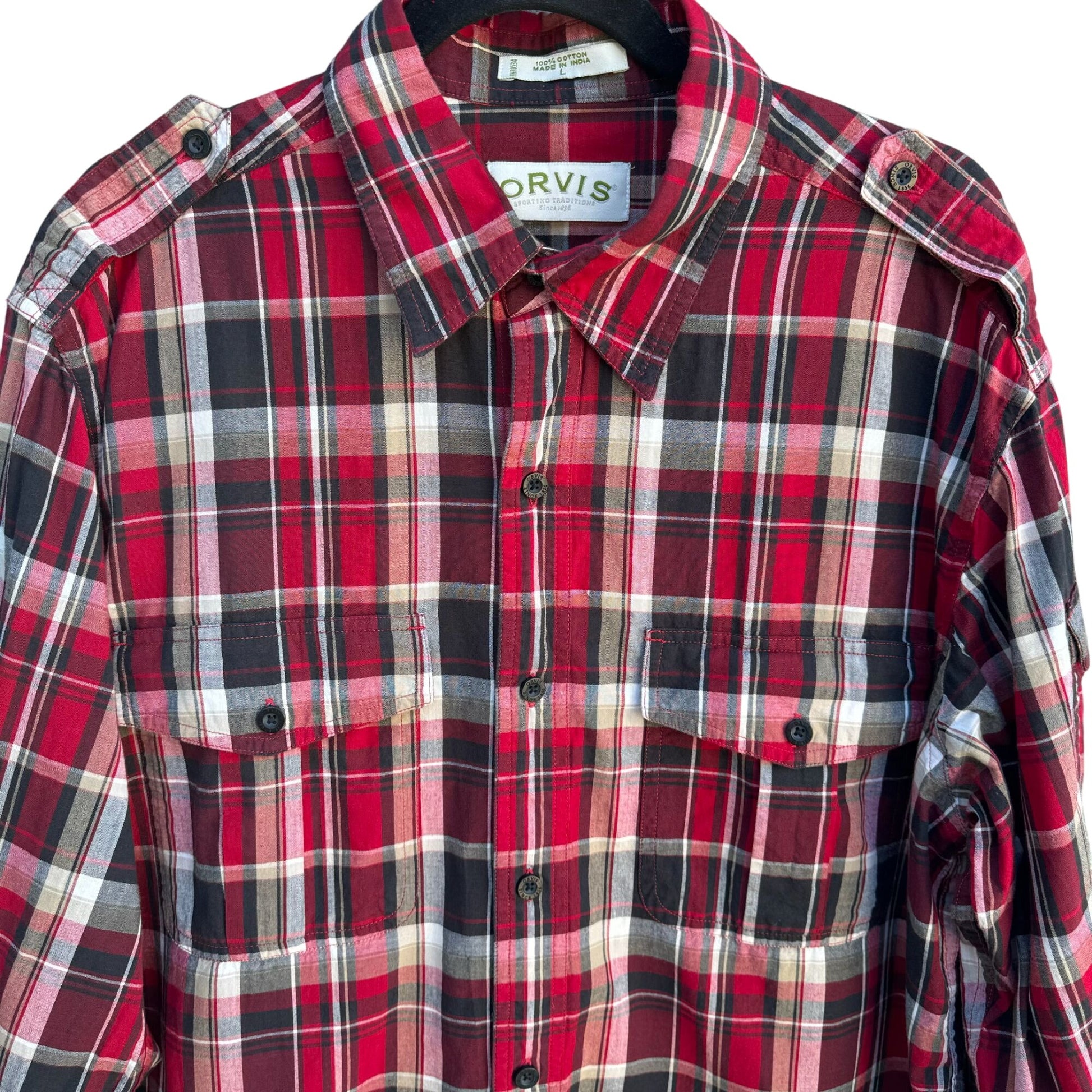 Orvis Mens Red Black Plaid Long Sleeve Epaulets Button Up Outdoor Grunge Shirt L