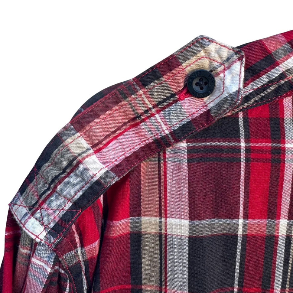 Orvis Mens Red Black Plaid Long Sleeve Epaulets Button Up Outdoor Grunge Shirt L