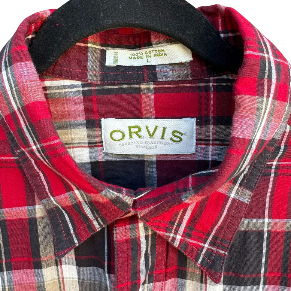 Orvis Mens Red Black Plaid Long Sleeve Epaulets Button Up Outdoor Grunge Shirt L