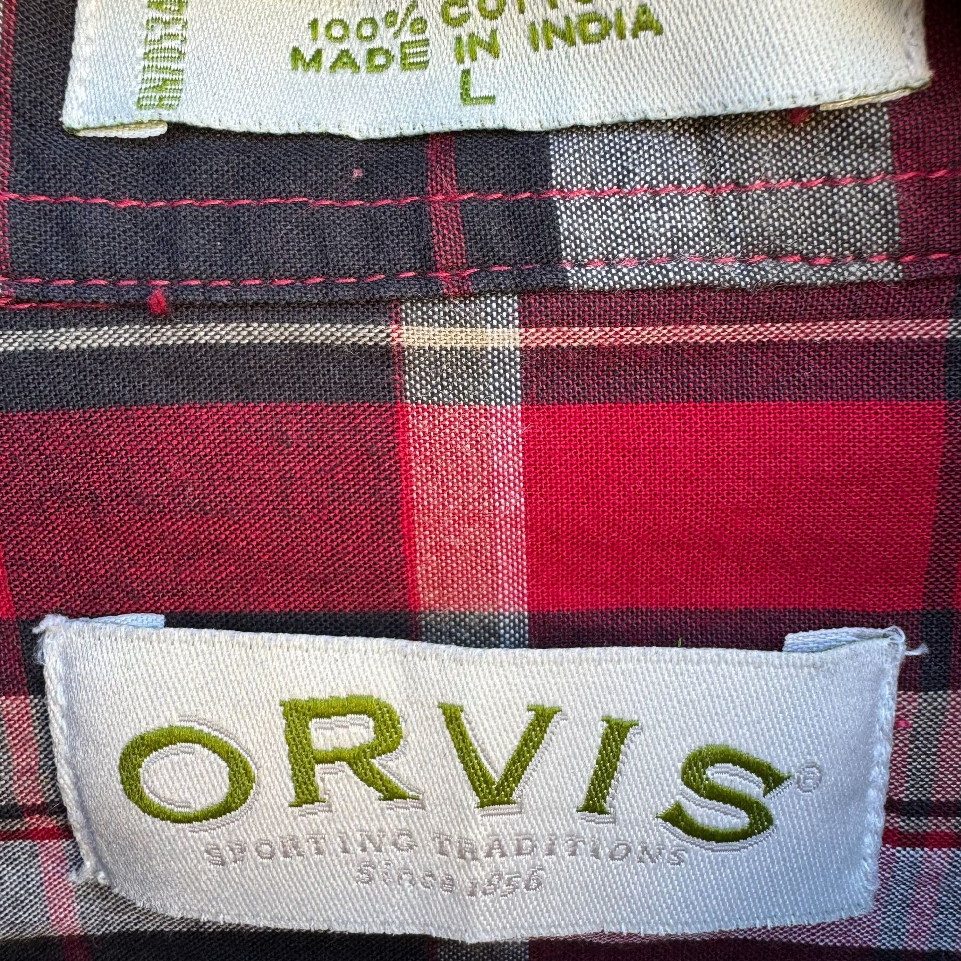 Orvis Mens Red Black Plaid Long Sleeve Epaulets Button Up Outdoor Grunge Shirt L