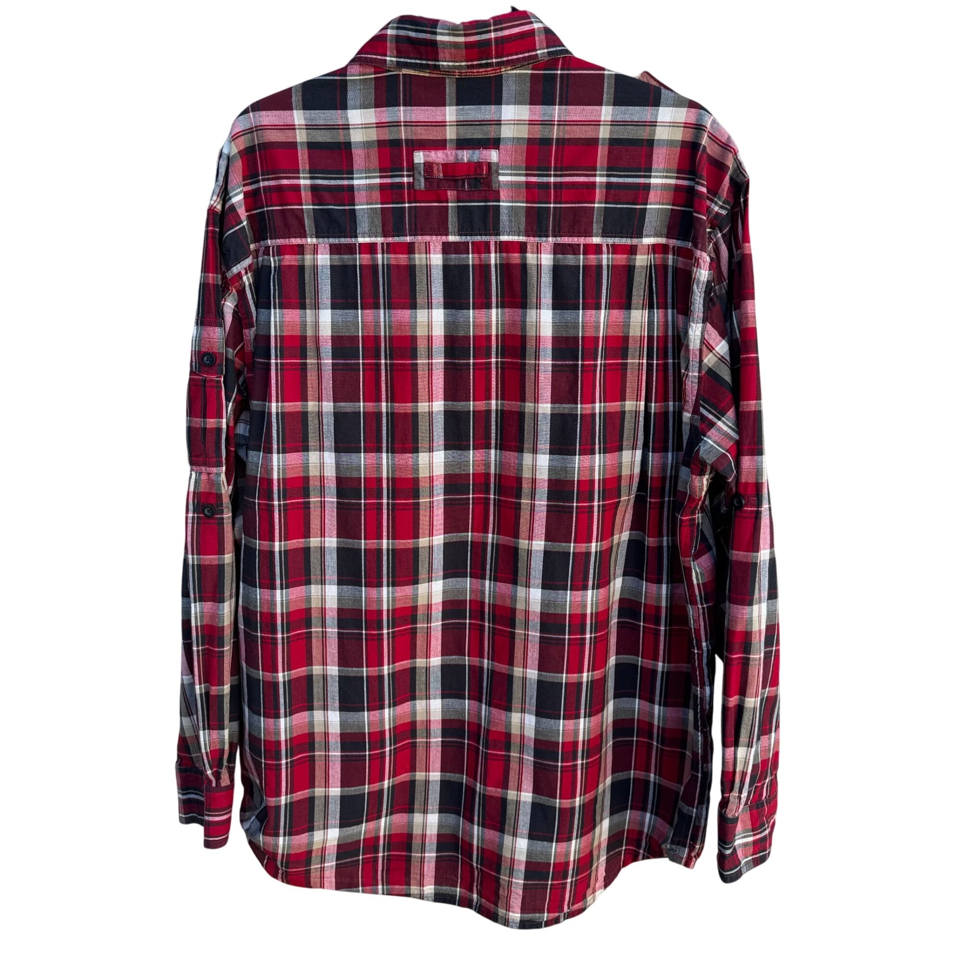 Orvis Mens Red Black Plaid Long Sleeve Epaulets Button Up Outdoor Grunge Shirt L