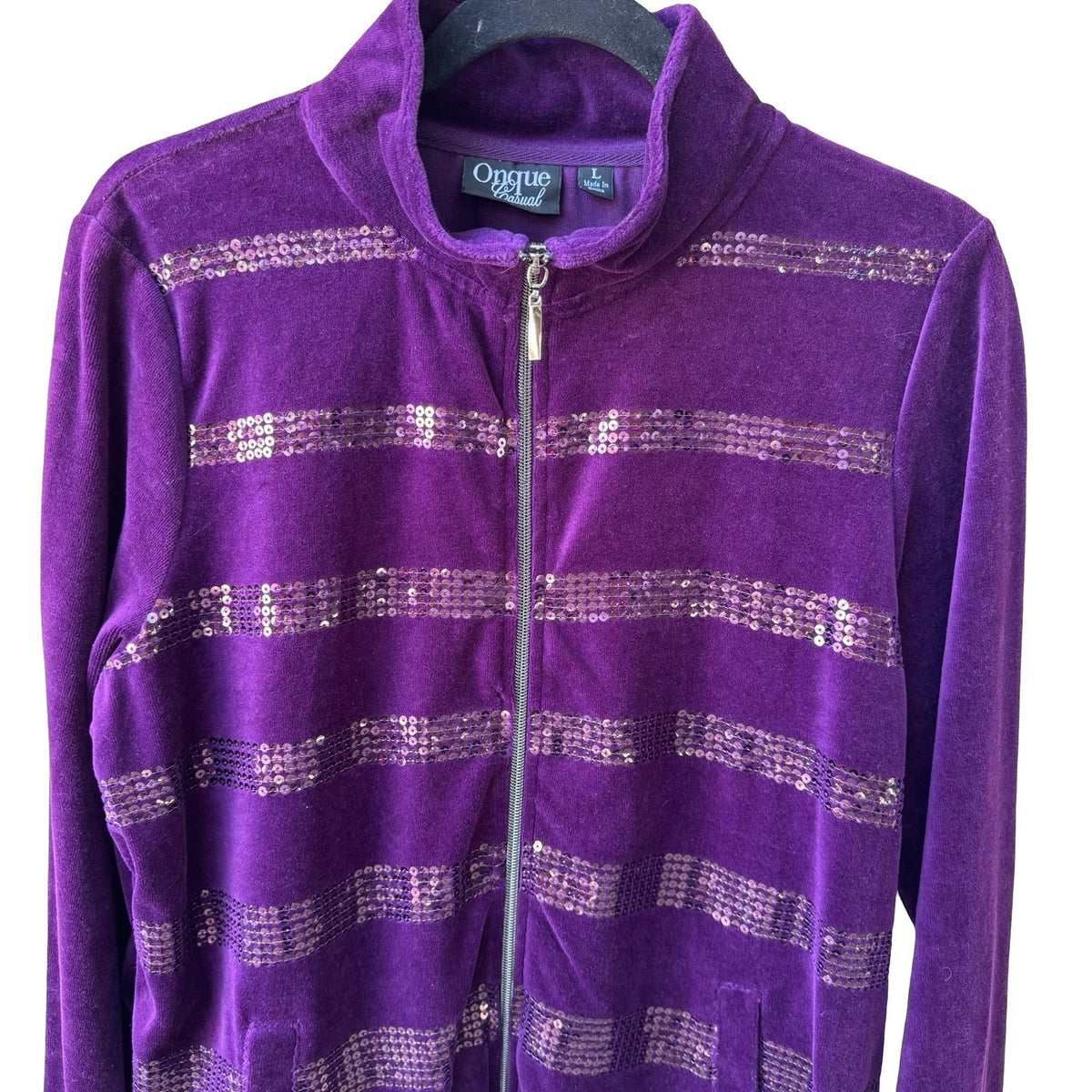 Onque Casual Y2K Glam Sequin Striped Velour Zip Athleisure Jacket Amethyst L NEW