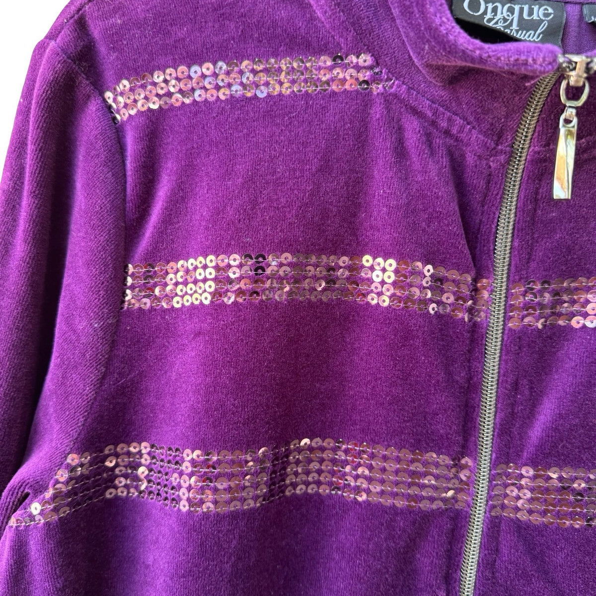 Onque Casual Y2K Glam Sequin Striped Velour Zip Athleisure Jacket Amethyst L NEW