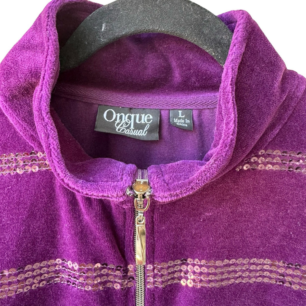 Onque Casual Y2K Glam Sequin Striped Velour Zip Athleisure Jacket Amethyst L NEW