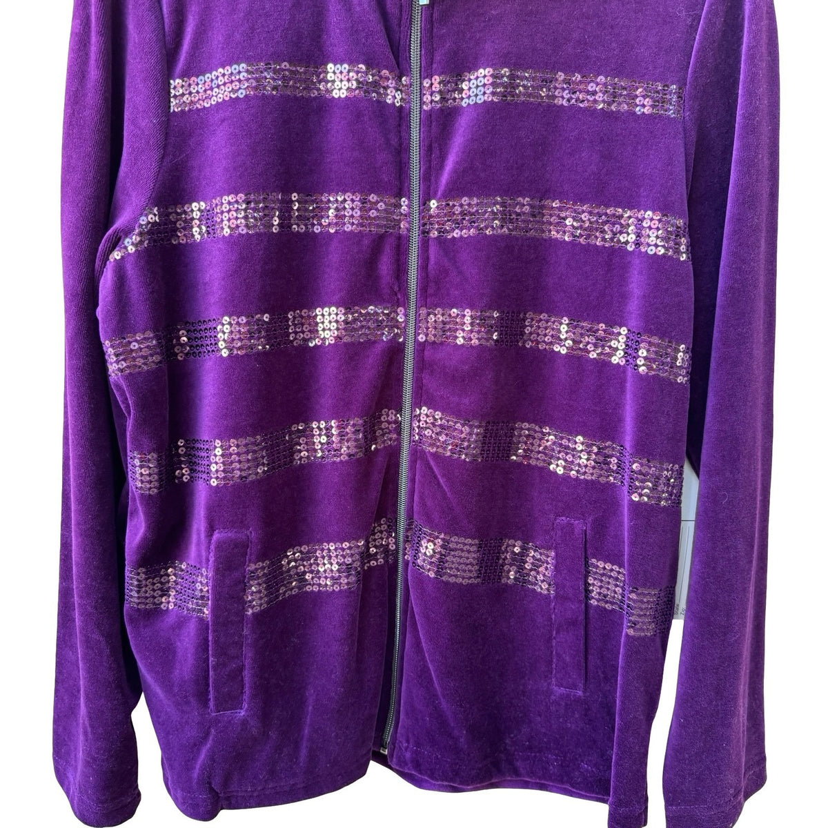 Onque Casual Y2K Glam Sequin Striped Velour Zip Athleisure Jacket Amethyst L NEW