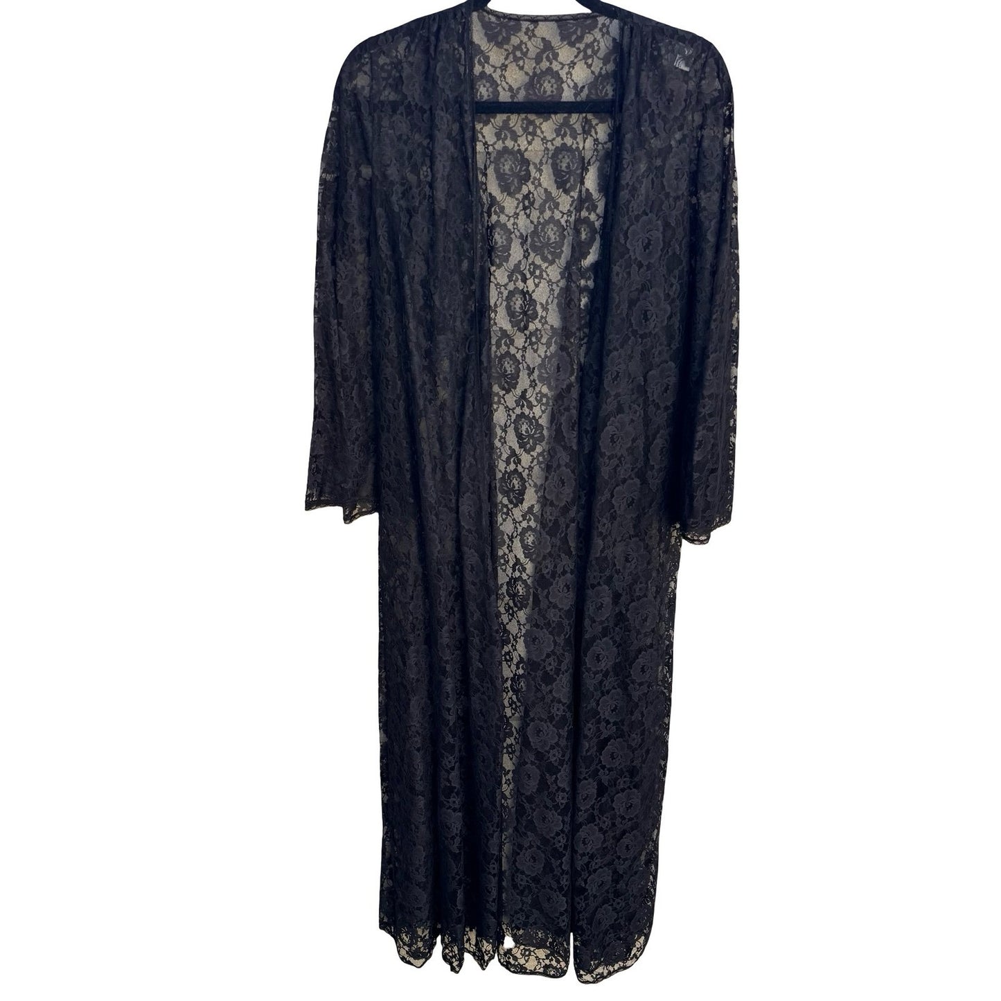 Glydons Hollywood Vintage Black Lace Maxi Duster Robe Bell Sleeve Witchy Goth Sm