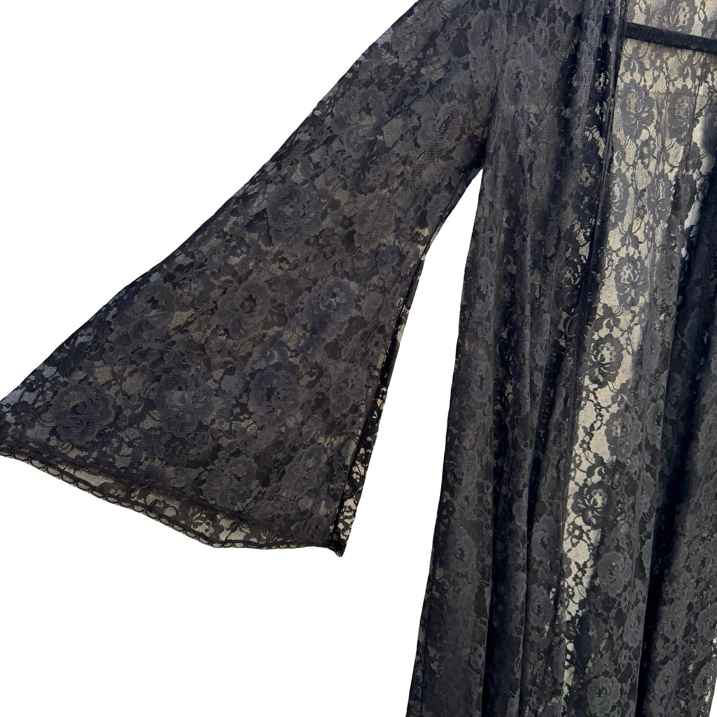 Glydons Hollywood Vintage Black Lace Maxi Duster Robe Bell Sleeve Witchy Goth Sm