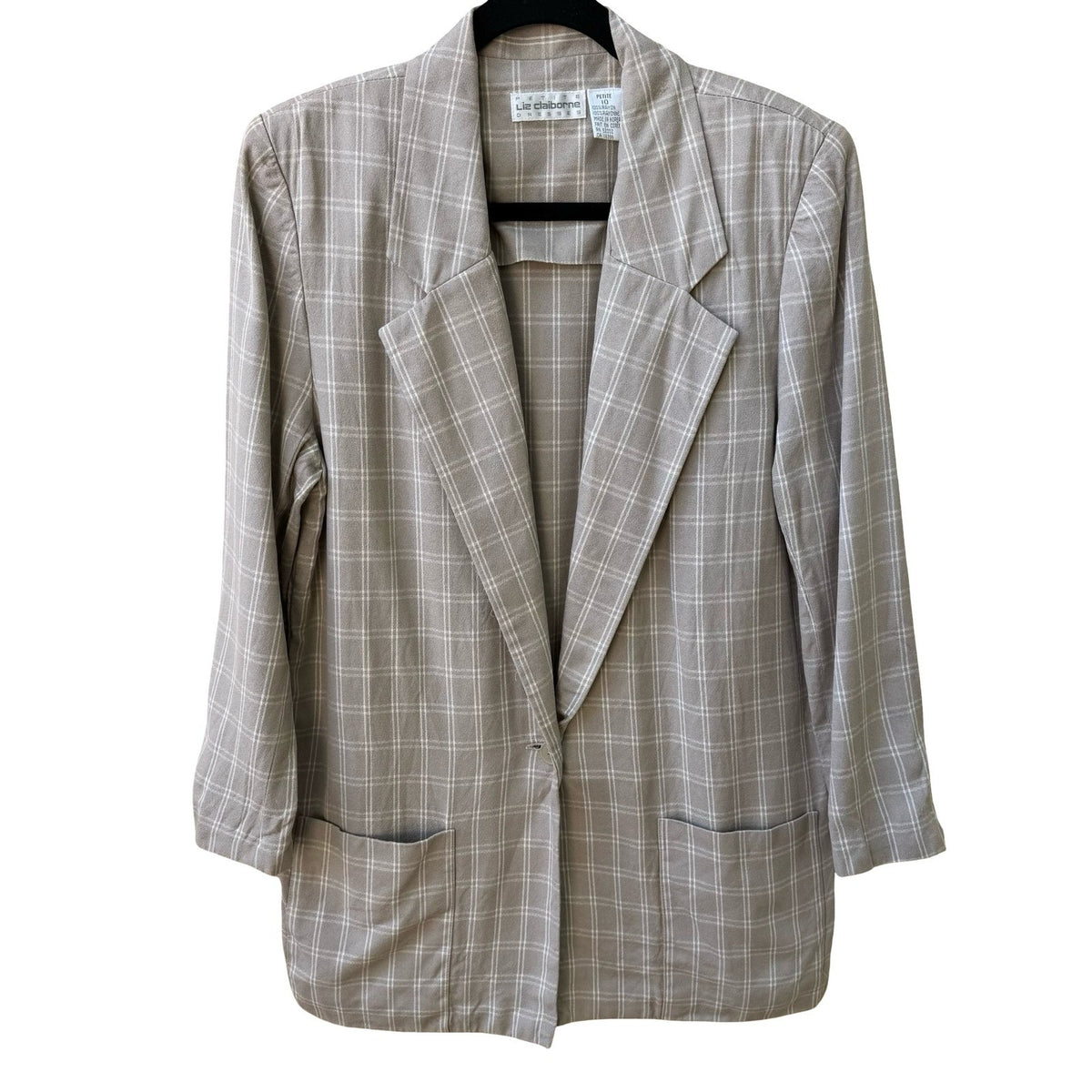 Liz Claiborne Vintage 90s Plaid Windowpane Boxy Oversized Longline Blazer Tan 10
