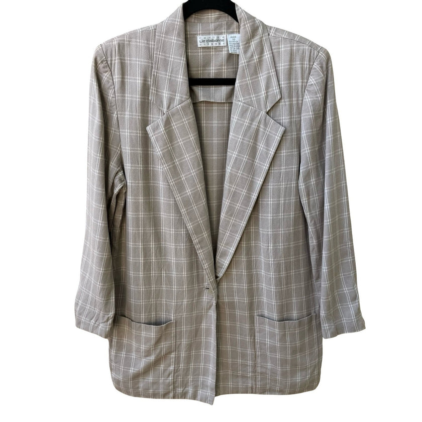 Liz Claiborne Vintage 90s Plaid Windowpane Boxy Oversized Longline Blazer Tan 10