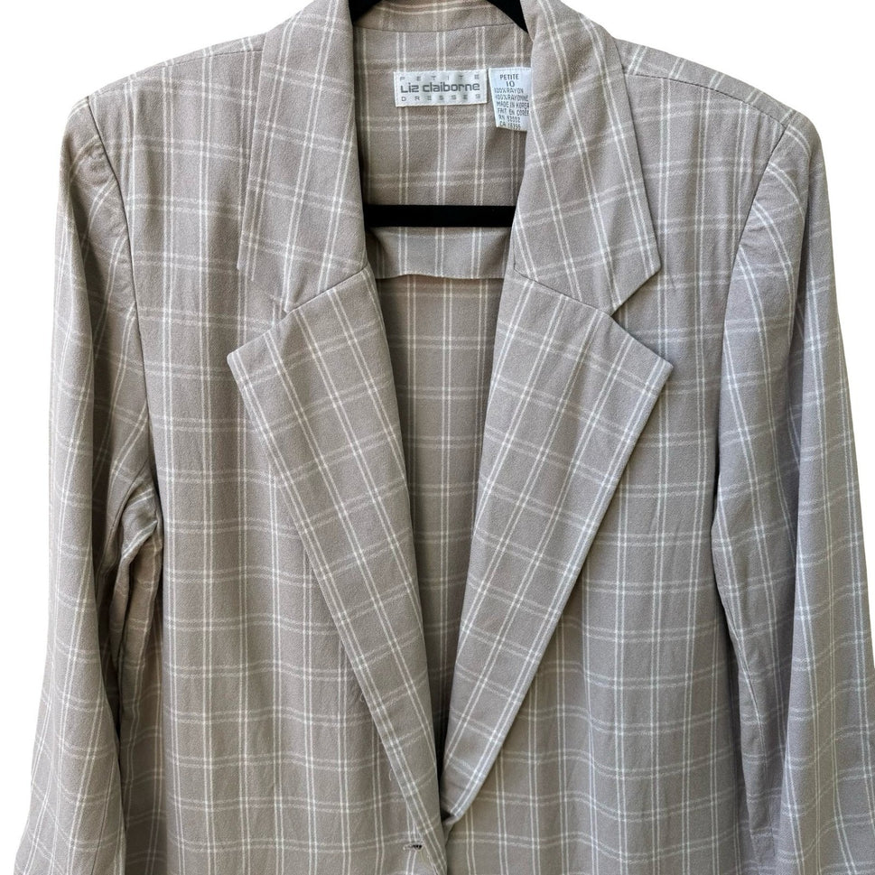 Liz Claiborne Vintage 90s Plaid Windowpane Boxy Oversized Longline Blazer Tan 10