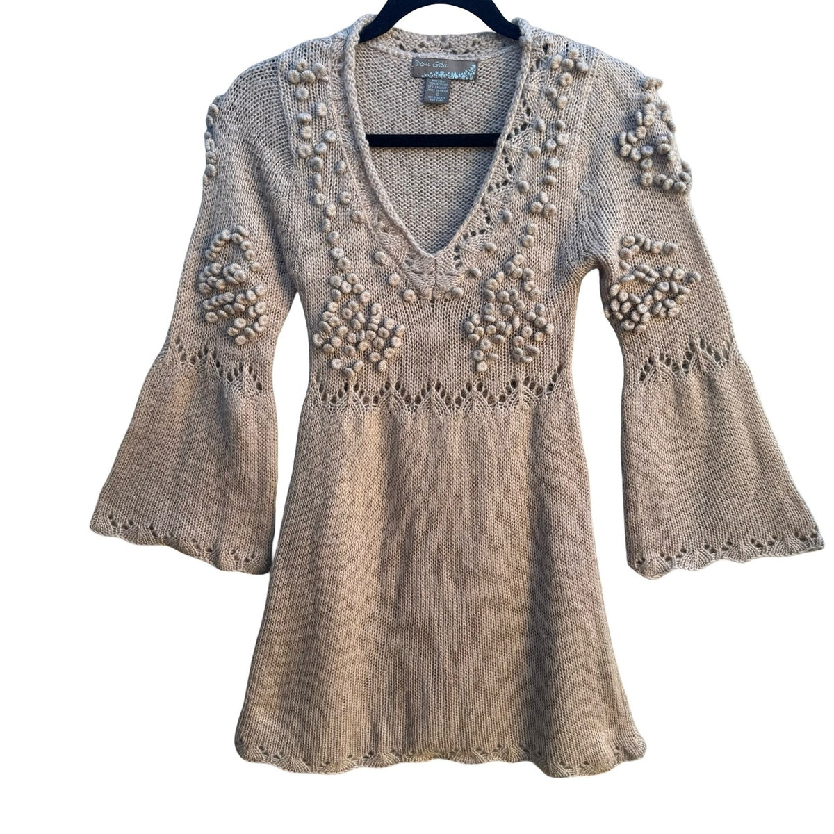 Doki Geki Y2K Boho Fairycore Bell Sleeve Pointelle Bobble Knit Tunic Sweater S
