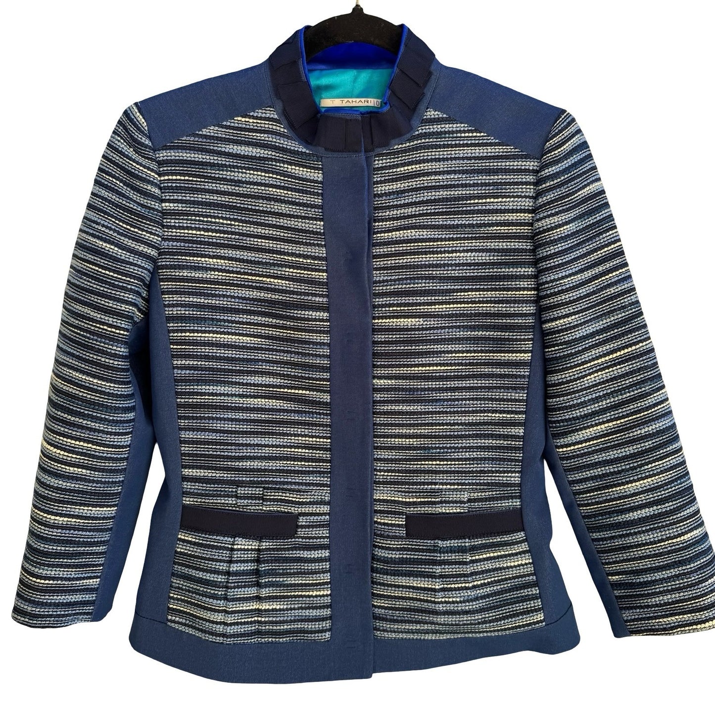 T Tahari Woven Textured Structured Tailored Blazer Mandarin Collar Jacket Blue 2