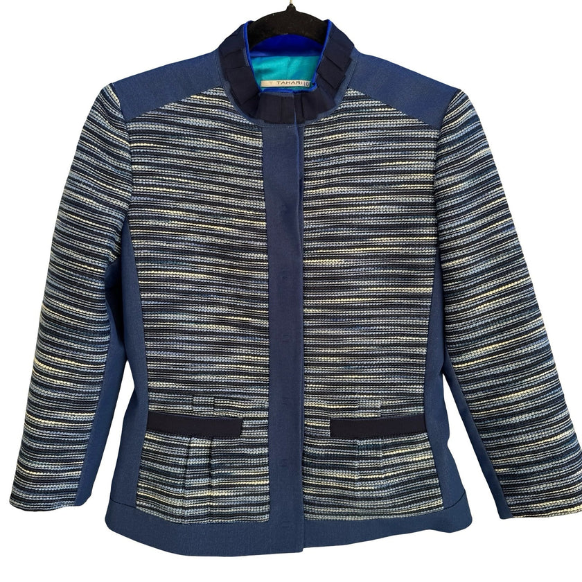 T Tahari Woven Textured Structured Tailored Blazer Mandarin Collar Jacket Blue 2