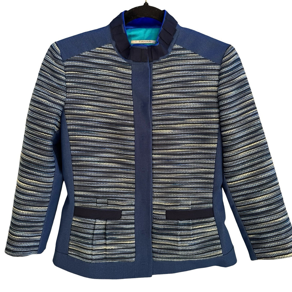 T Tahari Woven Textured Structured Tailored Blazer Mandarin Collar Jacket Blue 2