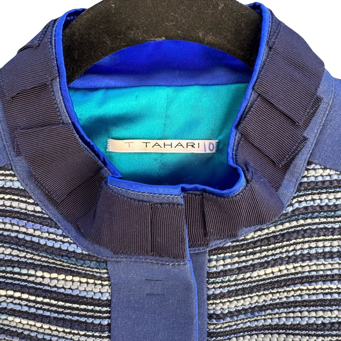 T Tahari Woven Textured Structured Tailored Blazer Mandarin Collar Jacket Blue 2