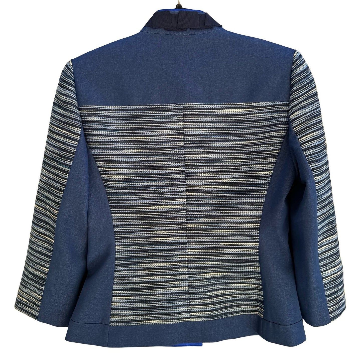 T Tahari Woven Textured Structured Tailored Blazer Mandarin Collar Jacket Blue 2