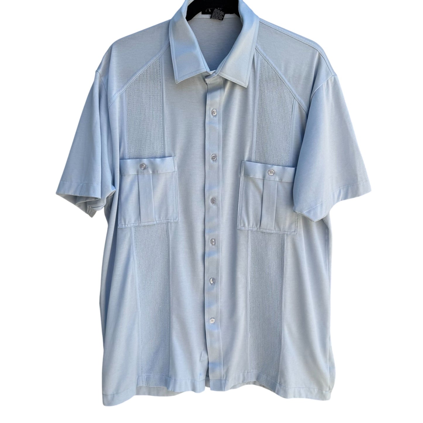 Alan Stuart Vintage 70s Mens Blue Guayabera Woven Panels Short Sleeve Shirt L