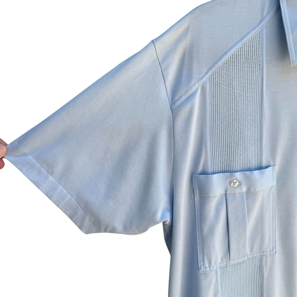 Alan Stuart Vintage 70s Mens Blue Guayabera Woven Panels Short Sleeve Shirt L