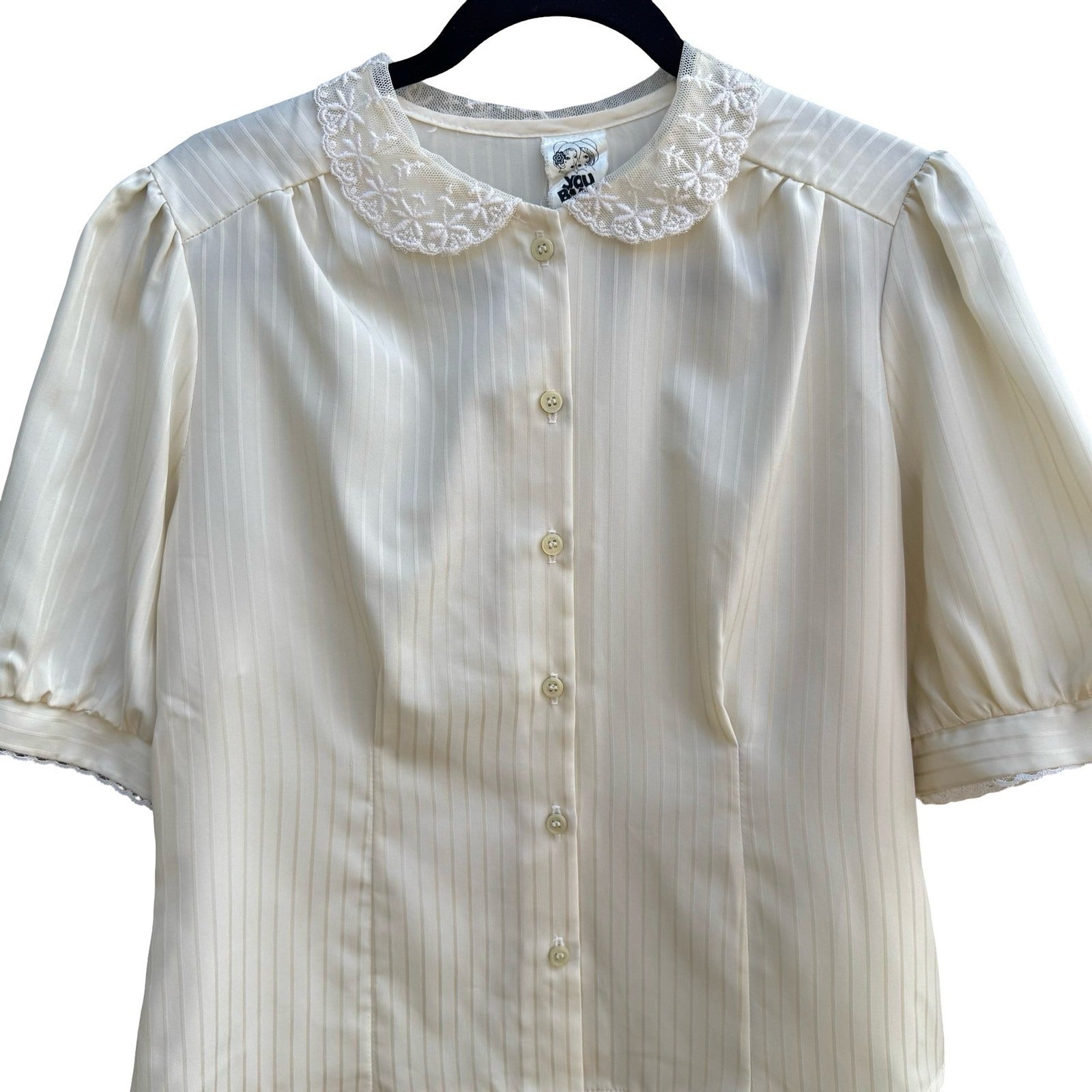 You Babes Vintage Cream Lace Peter Pan Collar Satin Stripe Puff Sleeve Blouse L