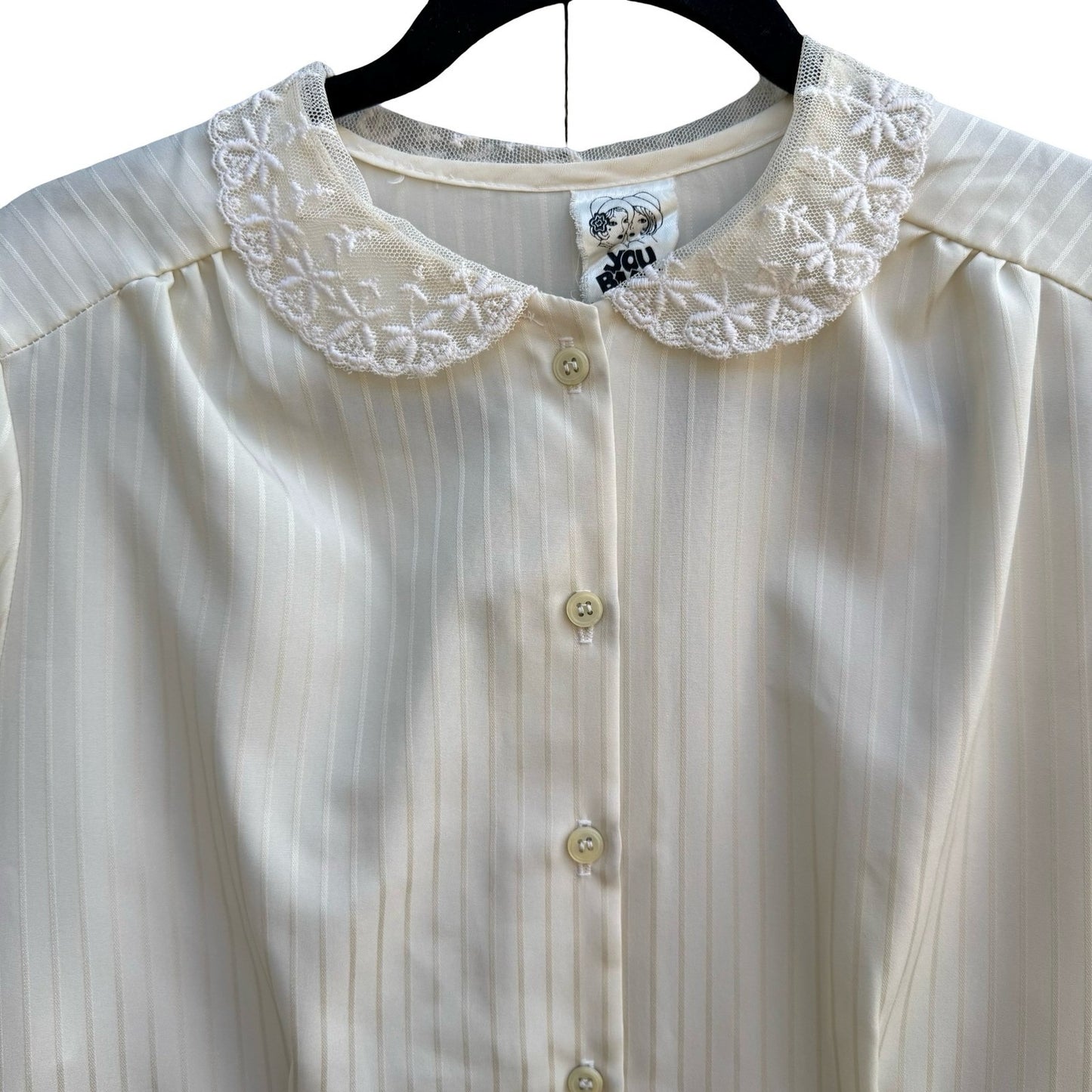 You Babes Vintage Cream Lace Peter Pan Collar Satin Stripe Puff Sleeve Blouse L