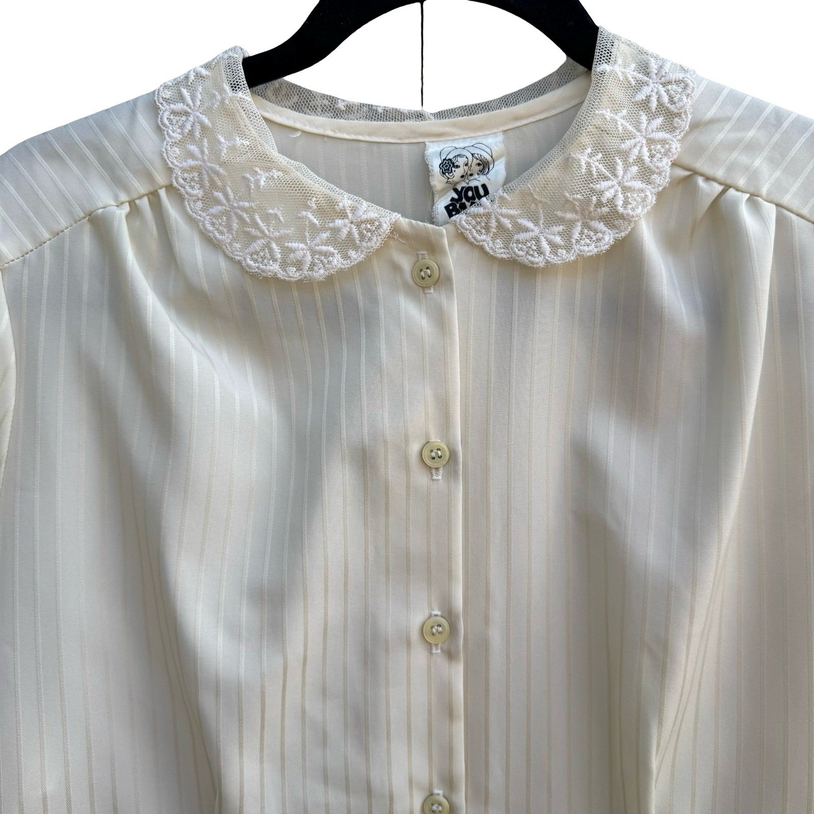 You Babes Vintage Cream Lace Peter Pan Collar Satin Stripe Puff Sleeve Blouse L