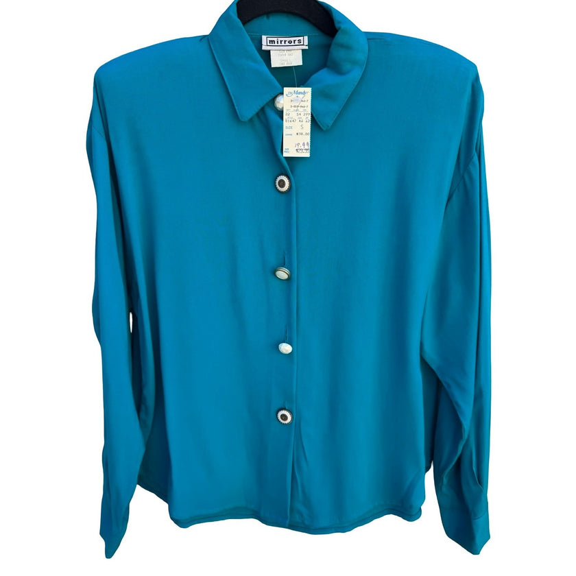 Mirrors Vintage Teal Blue Long Sleeve Button Down Blouse Shoulder Pads Small NWT