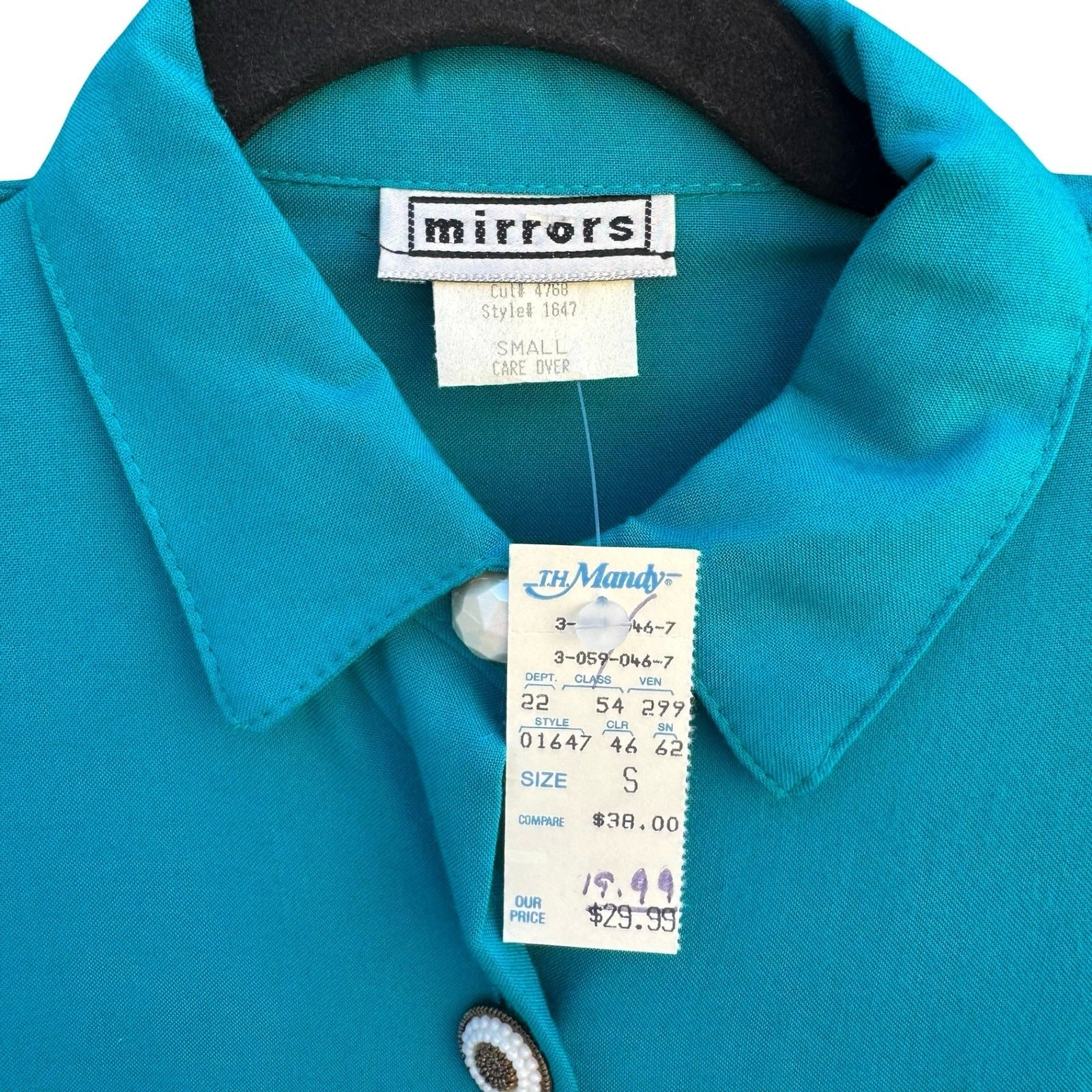 Mirrors Vintage Teal Blue Long Sleeve Button Down Blouse Shoulder Pads Small NWT