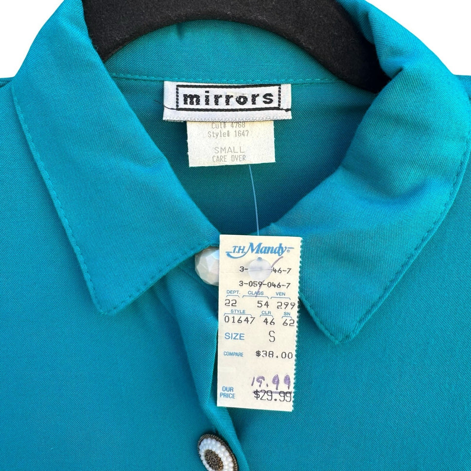 Mirrors Vintage Teal Blue Long Sleeve Button Down Blouse Shoulder Pads Small NWT