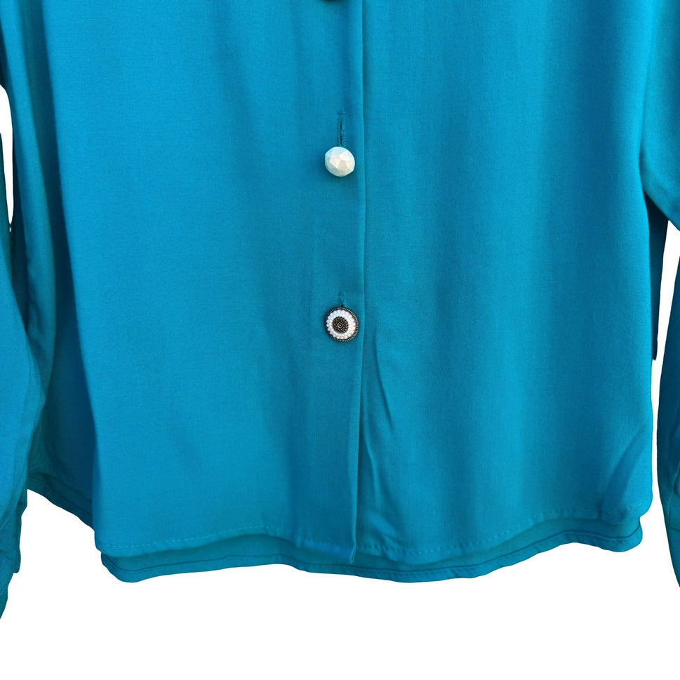 Mirrors Vintage Teal Blue Long Sleeve Button Down Blouse Shoulder Pads Small NWT