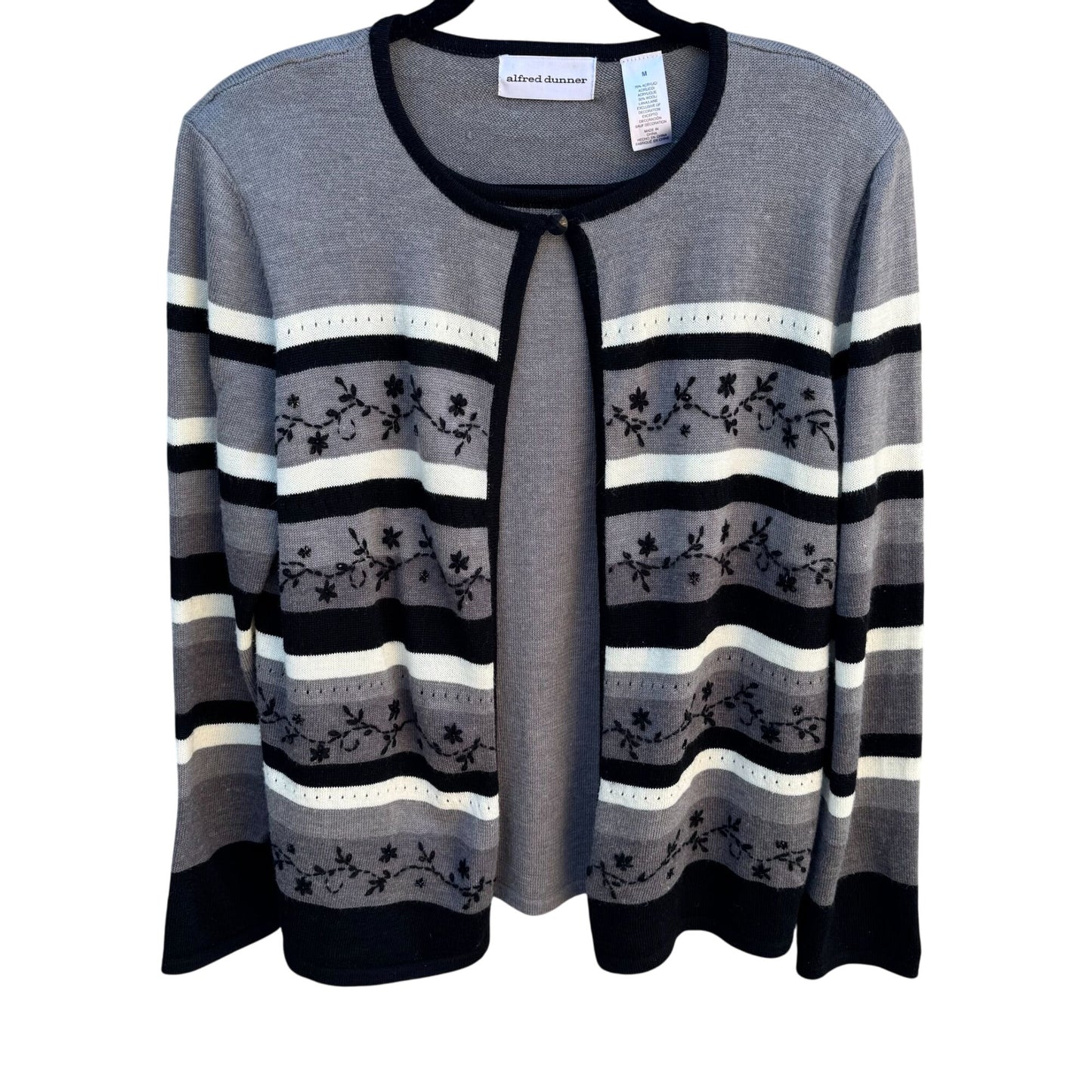 Alfred Dunner Vintage Womens Gray Cardigan Sweater Floral Embroidery Beaded M