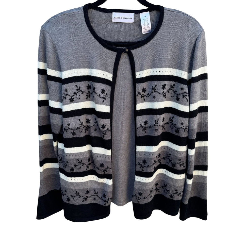 Alfred Dunner Vintage Womens Gray Cardigan Sweater Floral Embroidery Beaded M