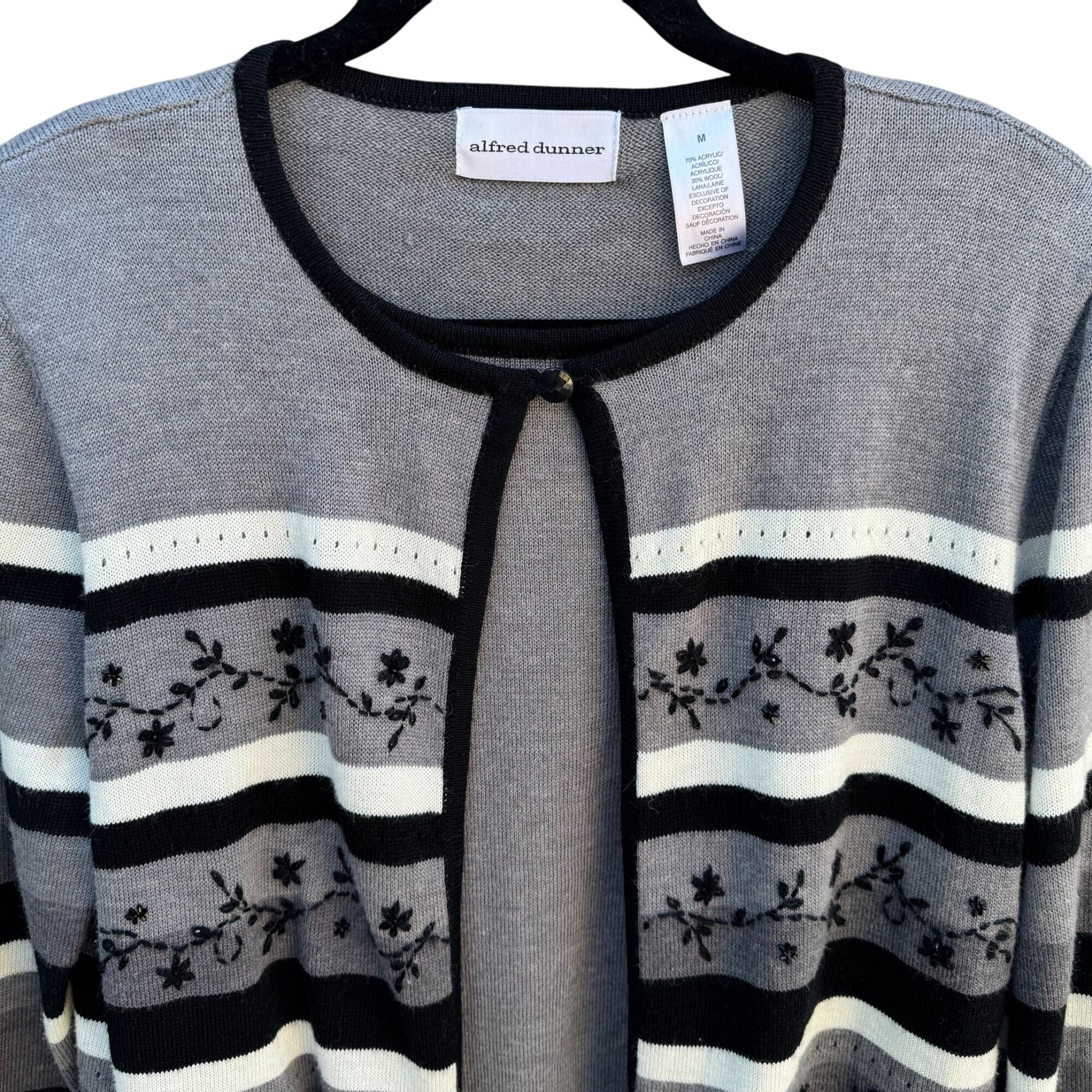 Alfred Dunner Vintage Womens Gray Cardigan Sweater Floral Embroidery Beaded M
