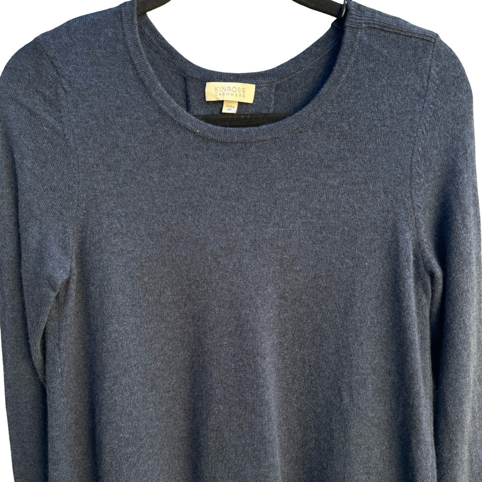 Kinross Cashmere Minimalist Preppy Back Pleat Zip Shoulder Tunic Sweater Navy M